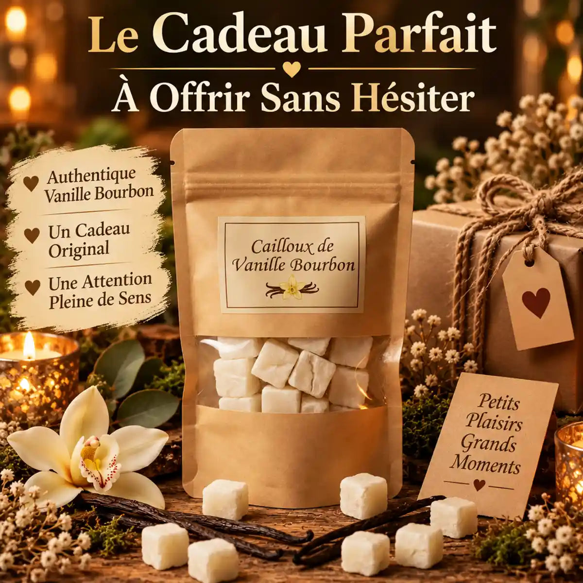 Cailloux Vanille Bourbon parfum solide dans pochette kraft sur surface bois avec fleurs séchées