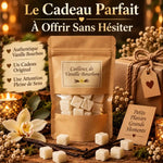 Cailloux Vanille Bourbon parfum solide dans pochette kraft sur surface bois avec fleurs séchées
