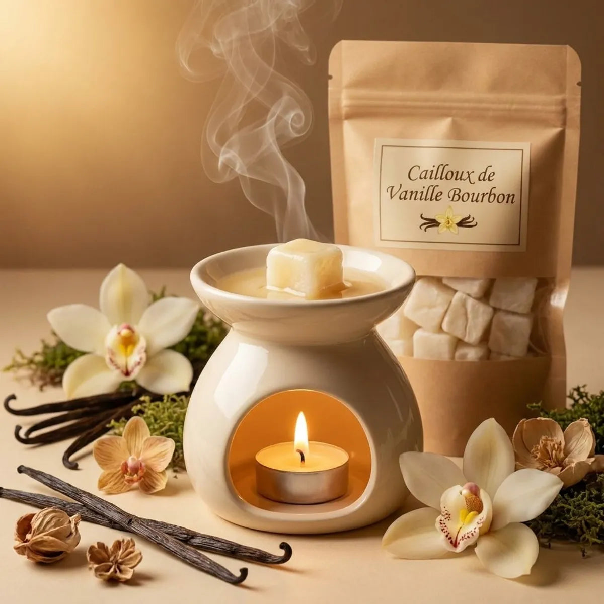 Cailloux Vanille Bourbon fondant dans un diffuseur céramique avec bougie chauffe-plat