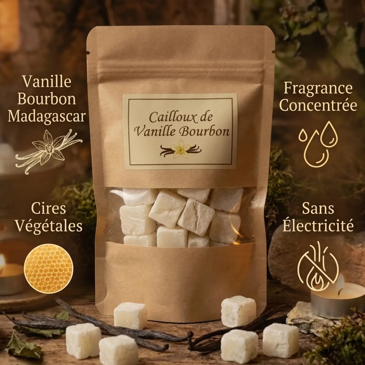 Cailloux Vanille Bourbon parfum solide - pierres blanches en sachet kraft avec ingrédients naturels