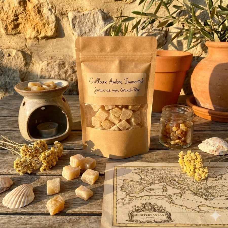 Un sachet de carrés d'ambre immortel posé sur une table en bois avec des élements marins de type de coquillages et algues