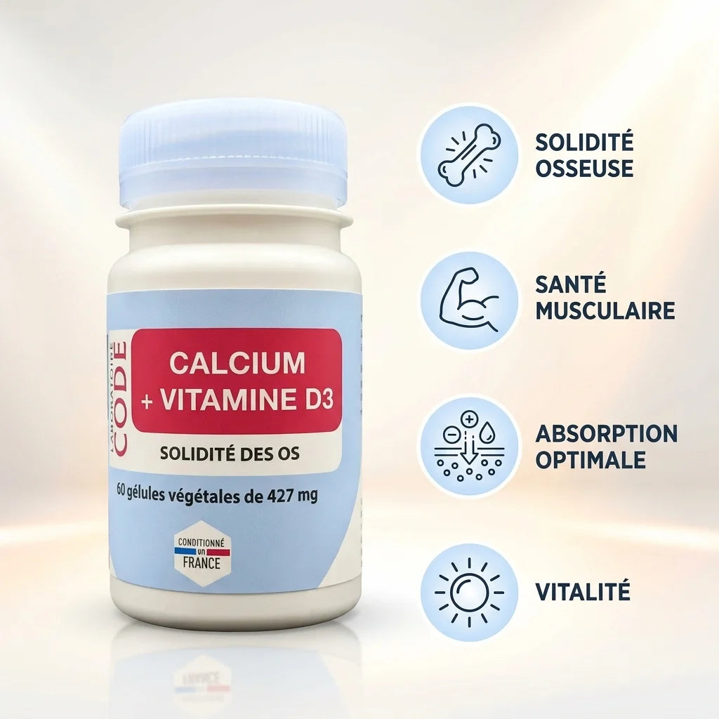 Complément Calcium + Vitamine D3 Code Laboratoire avec bénéfices : solidité osseuse, santé musculaire et vitalité