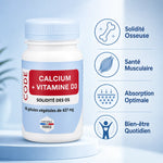 Calcium Vitamine D3 Laboratoire Code - Flacon avec bénéfices: solidité osseuse, santé musculaire, absorption, bien-être