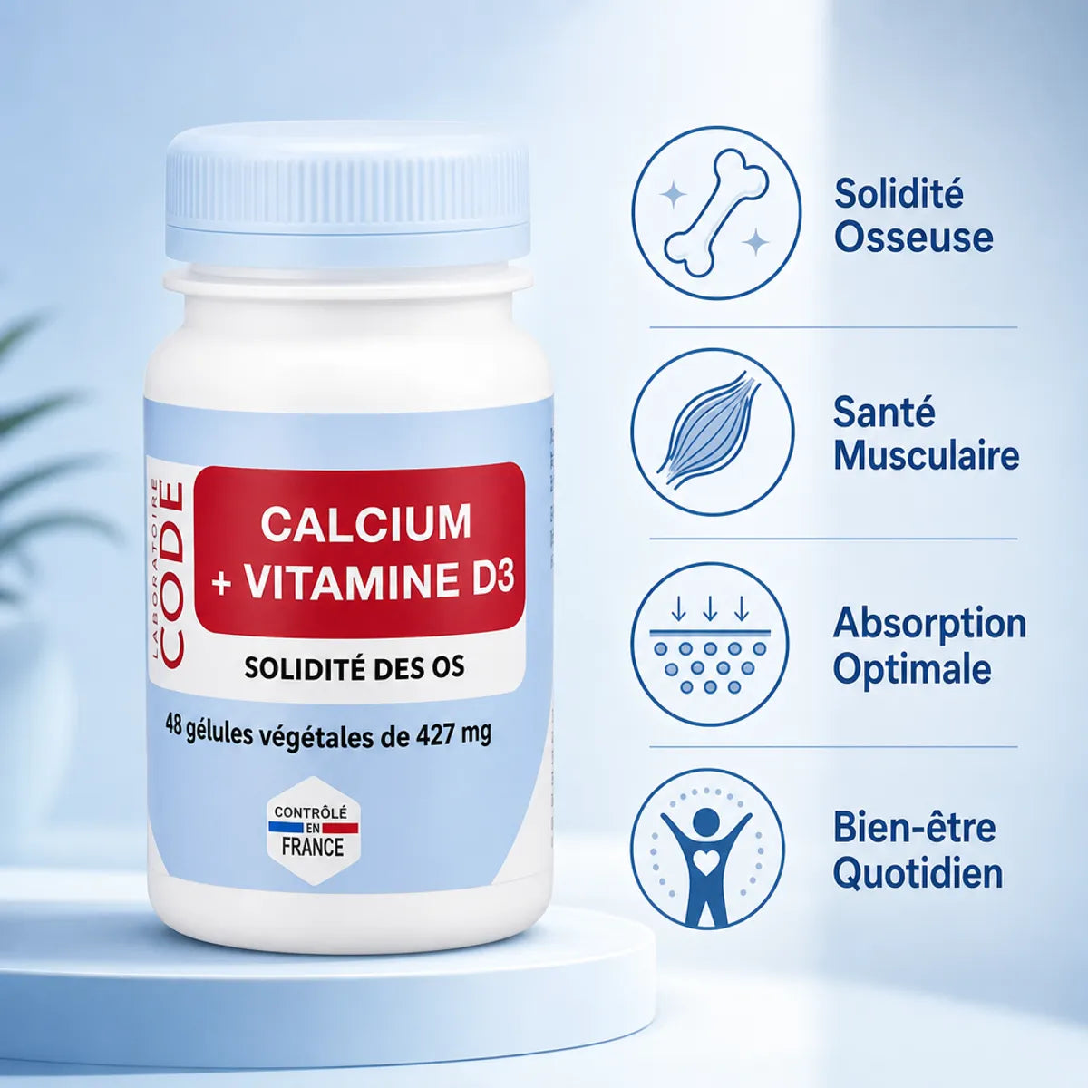 Calcium Vitamine D3 Laboratoire Code - Flacon avec bénéfices: solidité osseuse, santé musculaire, absorption, bien-être