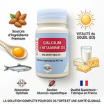 Flacon Calcium + Vitamine D3 60 gélules Laboratoire Code avec sources alimentaires et symboles santé osseuse