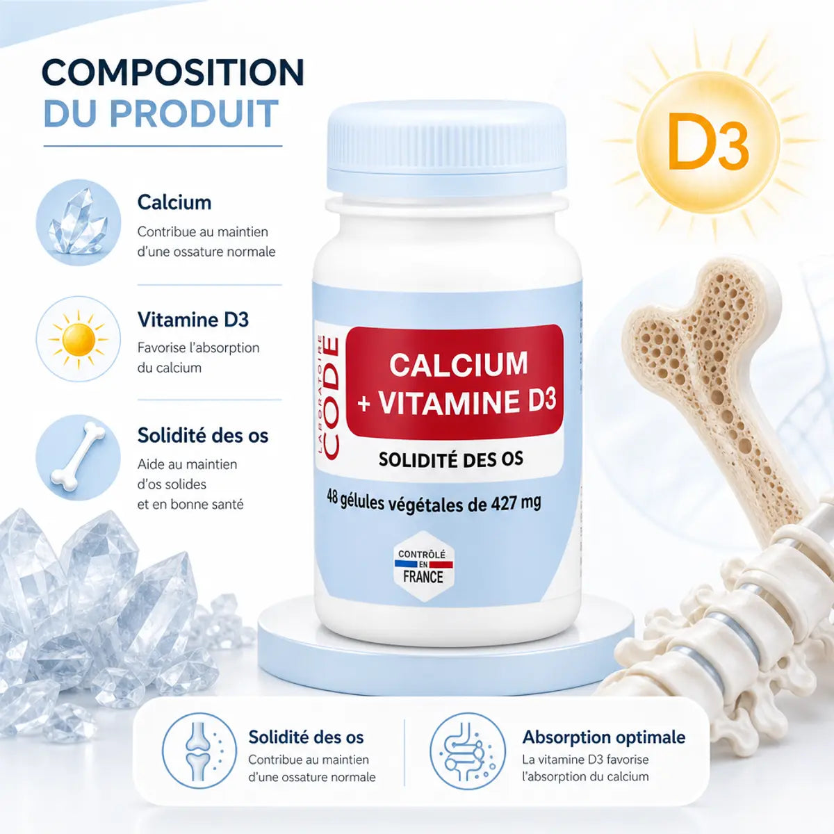 Calcium + Vitamine D3 60 gélules Laboratoire Code avec composition, santé osseuse et absorption optimale