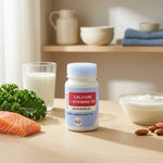 Calcium + Vitamine D3 Laboratoire Code avec aliments nutritifs et design wellness minimaliste