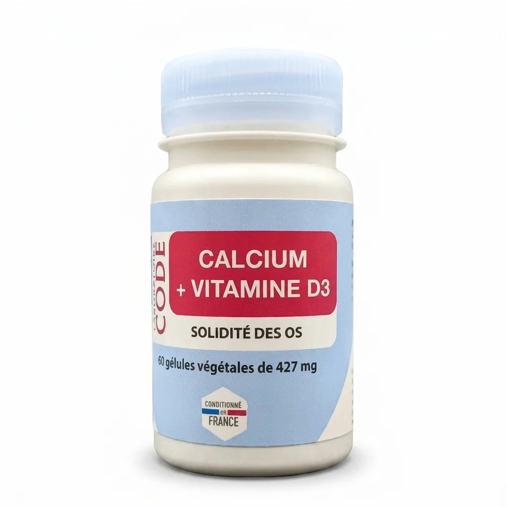 Calcium + Vitamine D3 60 gélules Laboratoire Code - Flacon blanc avec bouchon bleu