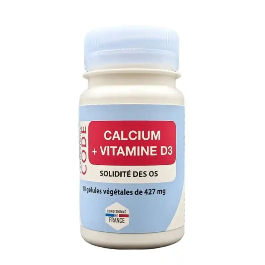 Pilulier de 60 gélules de Calcium + vitamine D3 pour la solidité des os de la marque Laboratoire Code. 
