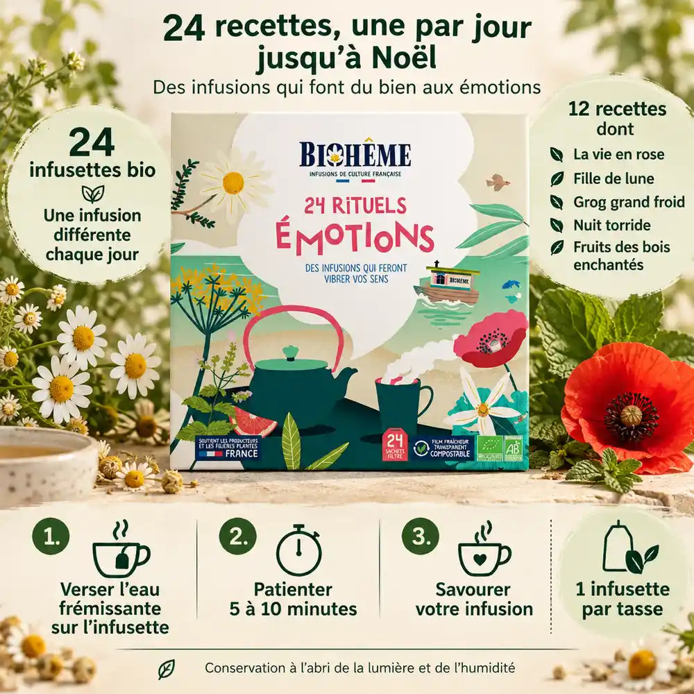 Coffret calendrier de l'Avent Biohême 24 infusions bio Rituels Émotions, fond crème et sauge, infusettes camomille et menthe
