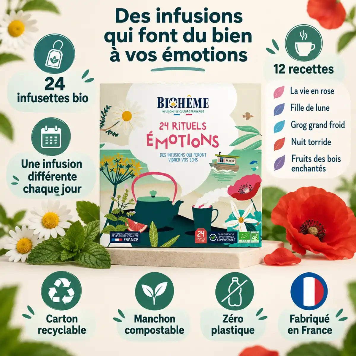 Calendrier de l'Avent Biohême : 24 infusettes bio aux rituels émotions, une infusion différente chaque jour, fabriqué en France