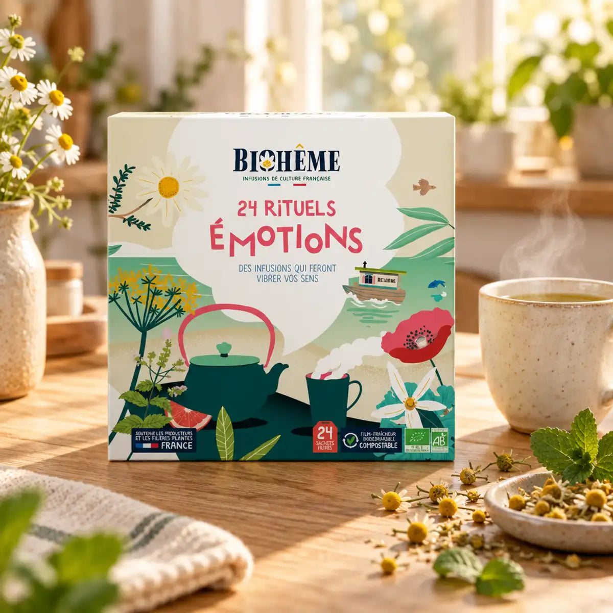 Calendrier de l'Avent Biohême 24 infusions bio Rituels Émotions sur table en chêne, à côté d'une tasse de tisane fumante et de camomille