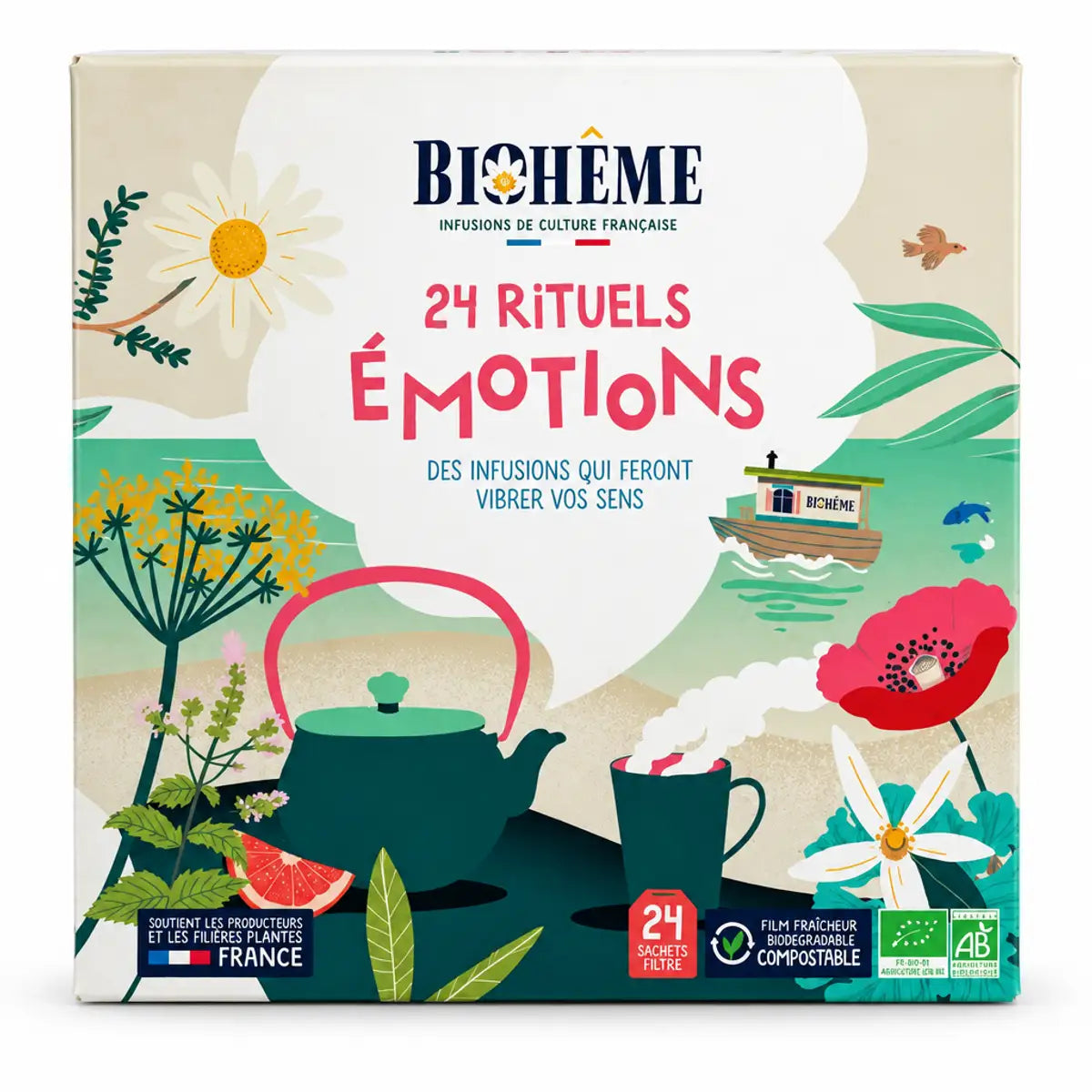 Calendrier de l'Avent Biohême 24 Rituels Émotions : boîte carrée de 24 infusions bio sur fond blanc