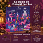 Calendrier de l'Avent adulte Belledonne en chocolat noir bio 74 % de cacao, design violet et doré, 130 g