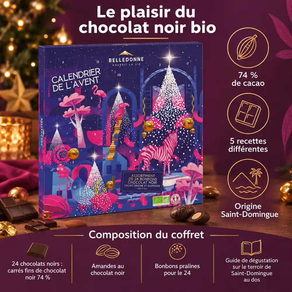 Calendrier de l'Avent adulte Belledonne en chocolat noir bio 74 % de cacao, design violet et doré, 130 g