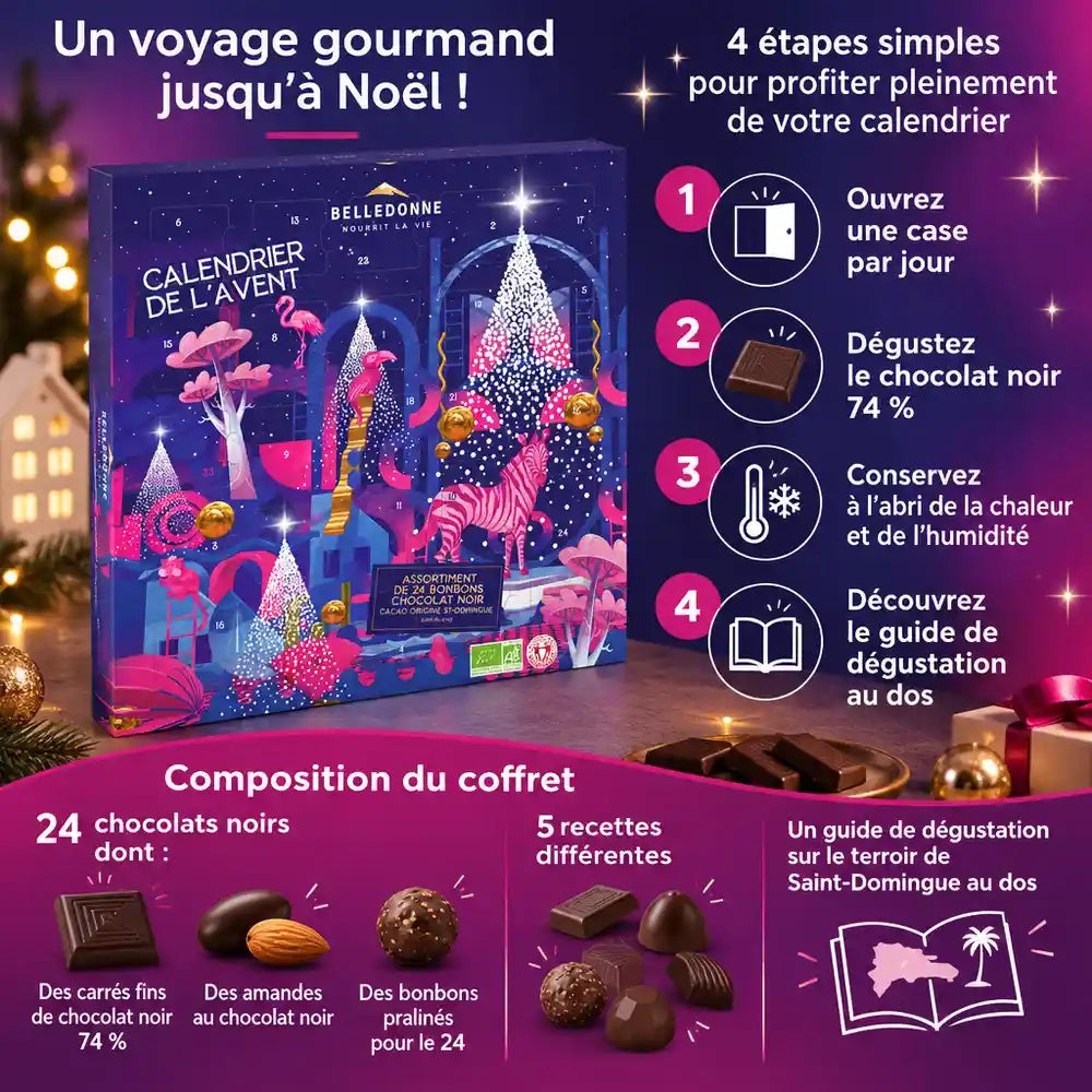 Calendrier de l'Avent adulte Belledonne chocolat noir bio 74 %, 130 g, avec infographie des étapes de dégustation