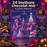 Calendrier de l'Avent adulte chocolat noir bio Belledonne 130 g, 24 bonbons pralinés, carrés 74 % et amandes sur fond festif