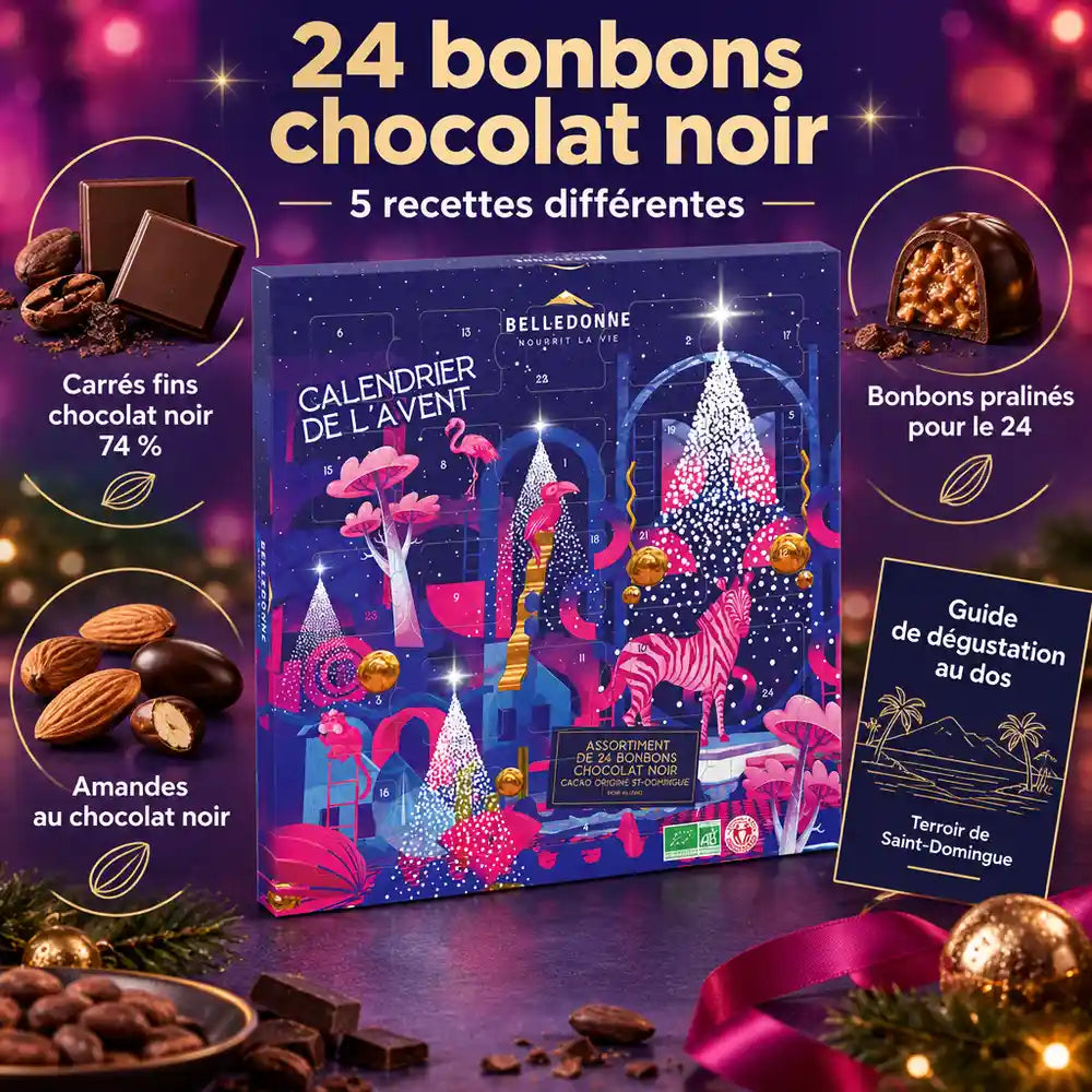 Calendrier de l'Avent adulte chocolat noir bio Belledonne 130 g, 24 bonbons pralinés, carrés 74 % et amandes sur fond festif