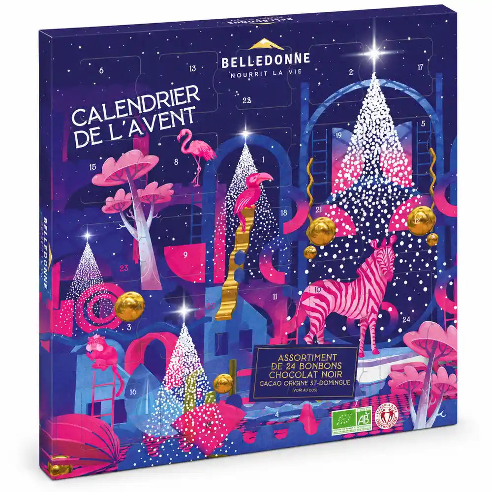 Calendrier de l'Avent adulte chocolat noir bio Belledonne, 24 bonbons, boîte illustrée flamants roses et zèbres sur fond blanc