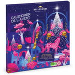 Calendrier de l'Avent adulte chocolat noir bio Belledonne, 24 bonbons, boîte illustrée flamants roses et zèbres sur fond blanc