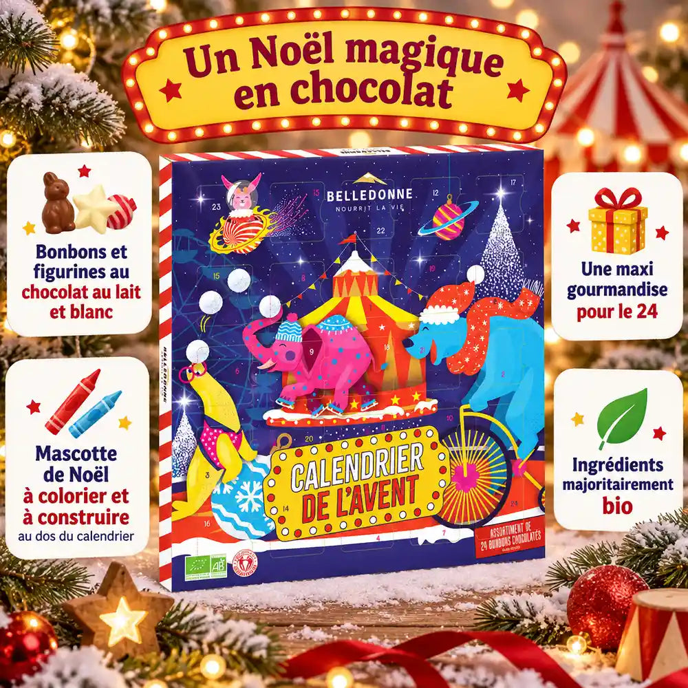 Calendrier de l'Avent enfant chocolat bio Belledonne 150 g, boîte cirque rouge et blanche, bonbons et figurines en chocolat