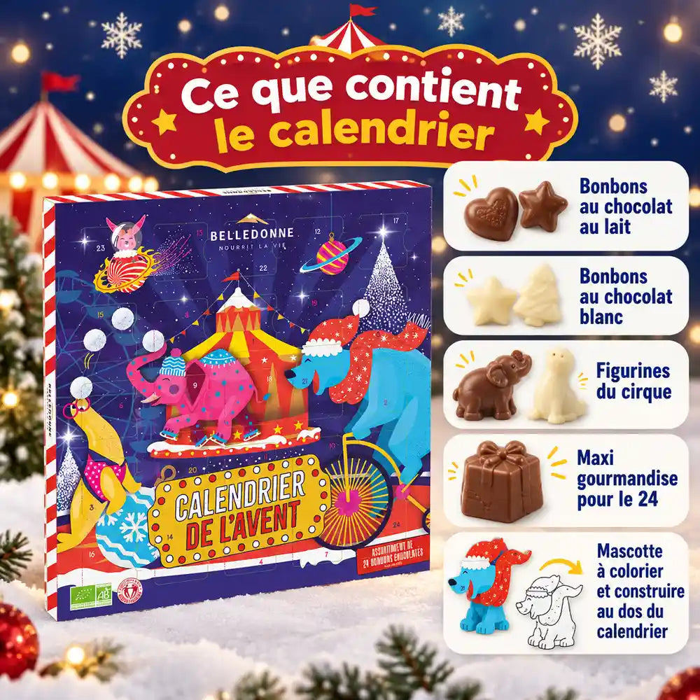 Calendrier de l'Avent enfant chocolat bio Belledonne 150 g : contenu du calendrier, bonbons et figurines au chocolat au lait et blanc
