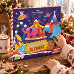 Calendrier de l'Avent enfant chocolat bio 150 g Belledonne, boîte violette à rayures candy-cane, mains d'enfant, chocolat chaud