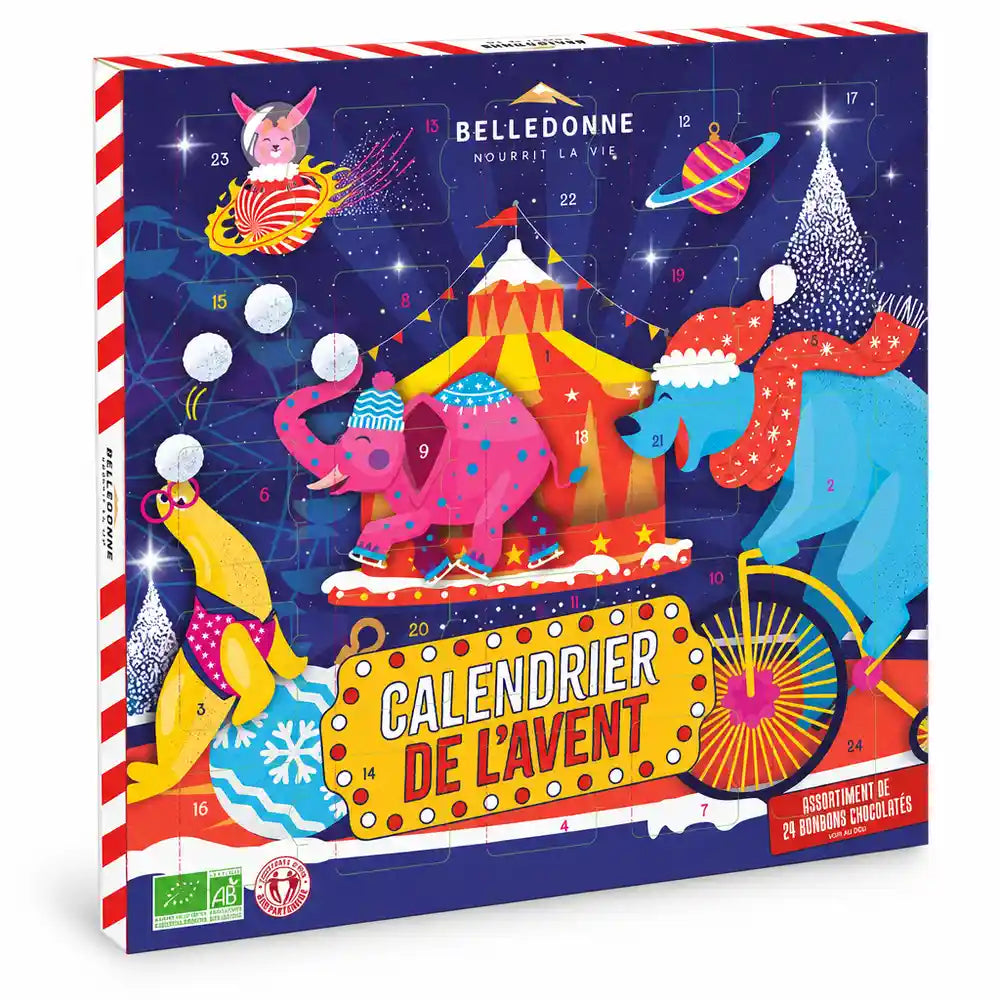 Calendrier de l'Avent enfant chocolat bio Belledonne avec illustrations de cirque, 24 bonbons chocolatés, 150 g