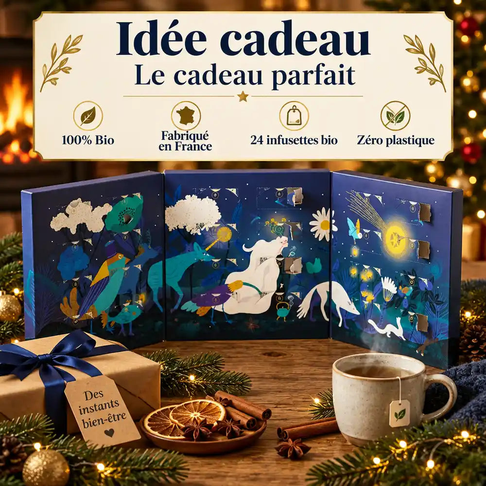 Calendrier de l'Avent Nuit Biohême, 24 infusettes bio, posé sur une table en chêne près d'une cheminée, emballage kraft et sapin