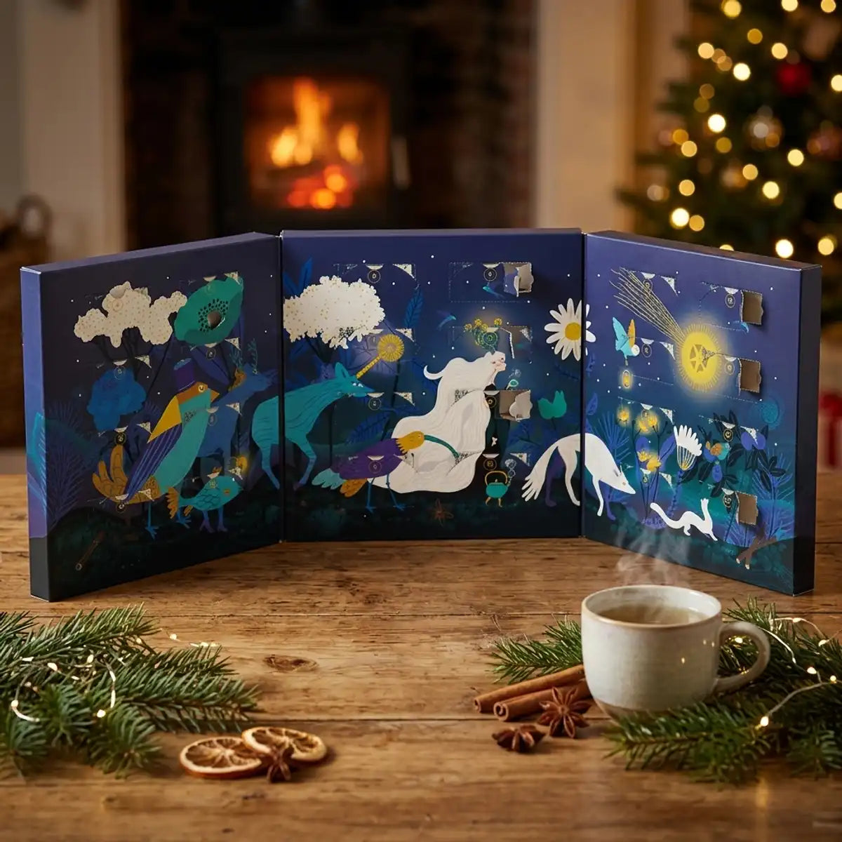 Calendrier de l'Avent Nuit Biohême ouvert avec 24 fenêtres numérotées, près d'une tasse de tisane fumante sur table en bois, ambiance hivernale