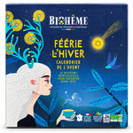 Calendrier de l'Avent Biohême « Féerie de l'Hiver » bio, 24 infusettes nuit, boîte bleu marine sur fond blanc