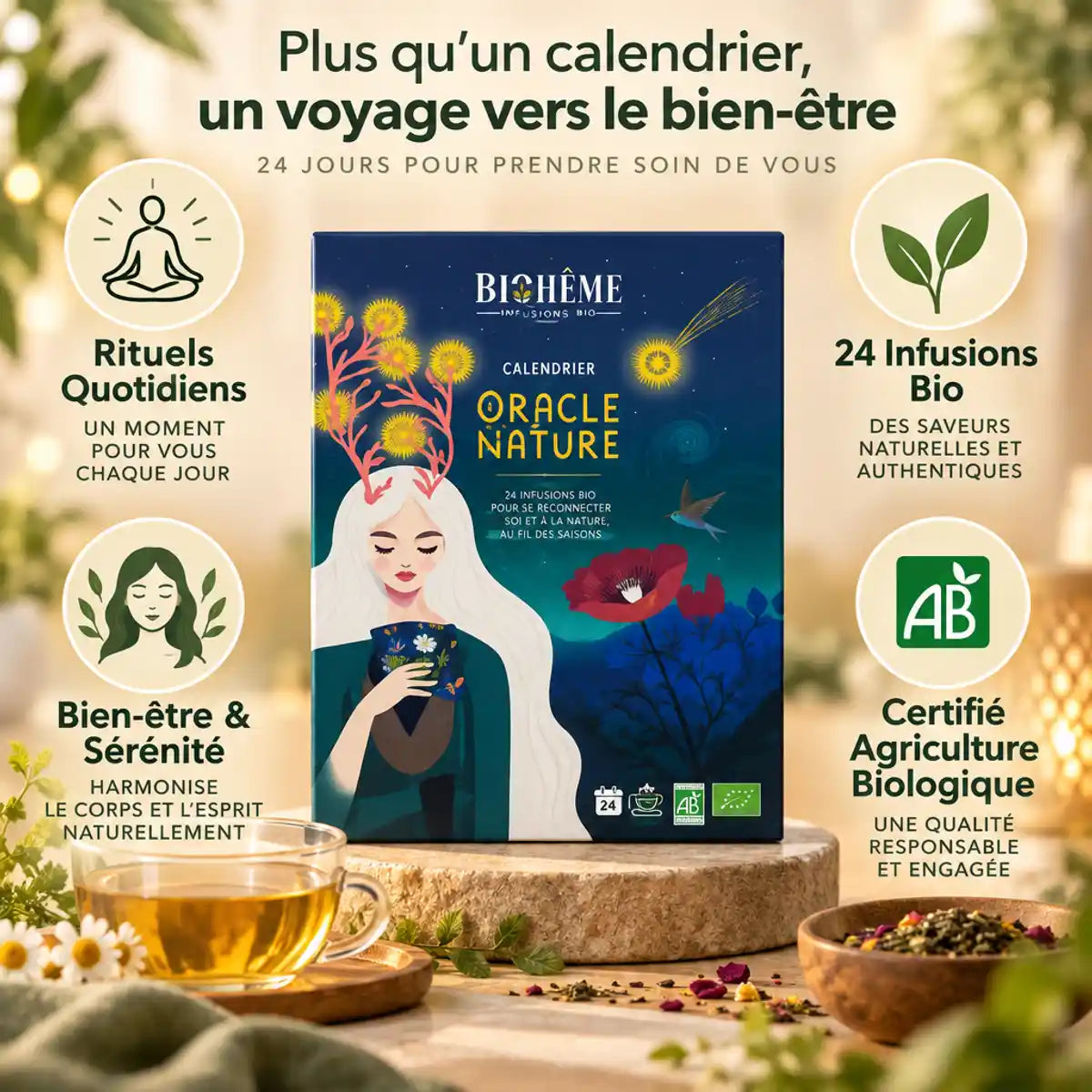 Calendrier Avent Oracle Nature bio 24 infusettes Biohême packaging bleu rituels bien-être sérénité