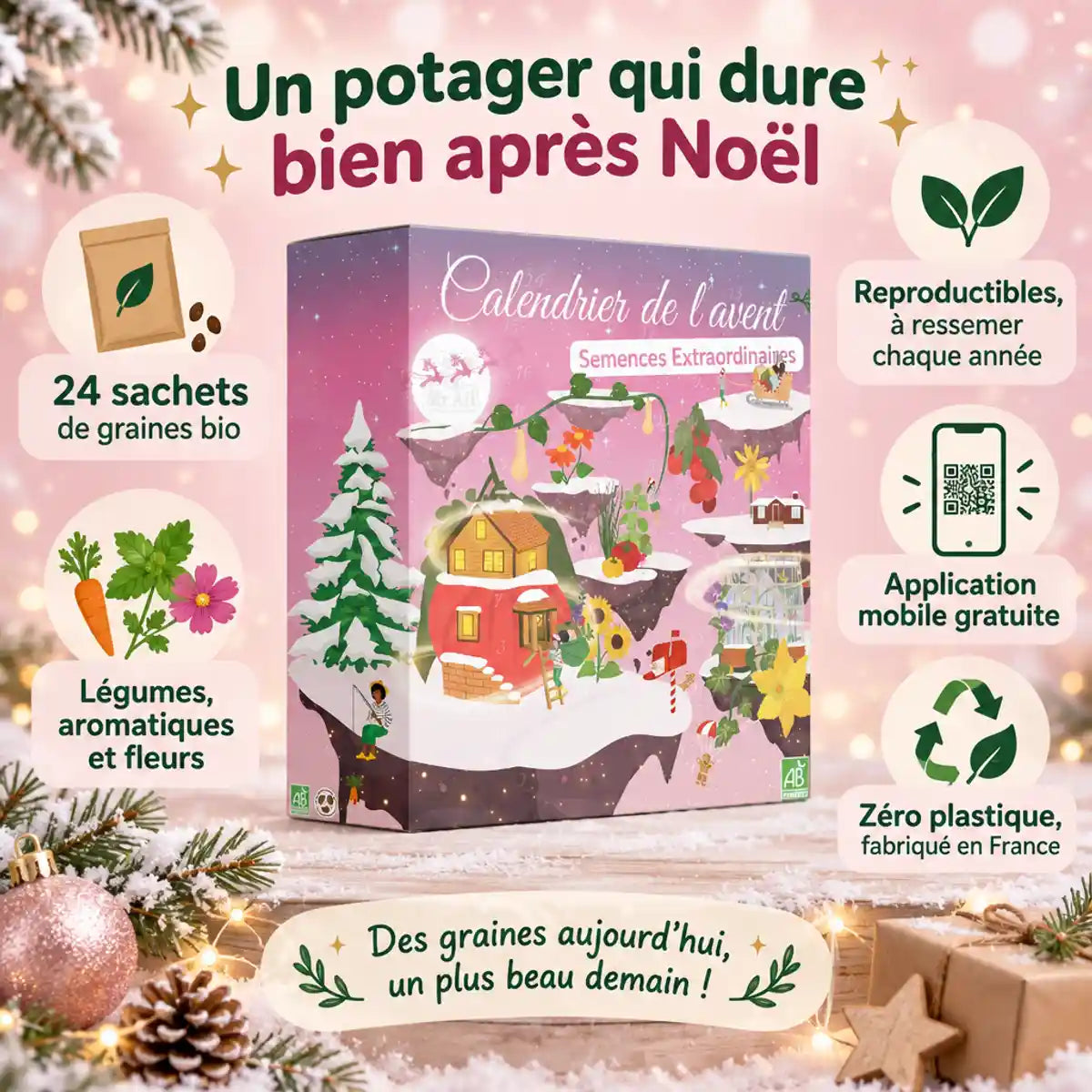 Calendrier de l'Avent potager bio avec 24 sachets de graines, légumes, aromatiques et fleurs, fabriqué en France