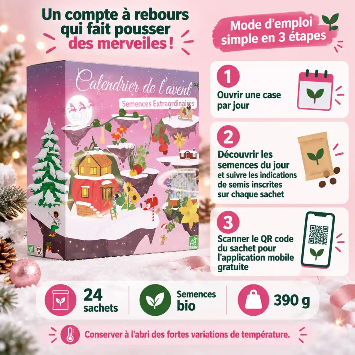 Calendrier de l'Avent potager Dr Jonquille & Mr Ail : mode d'emploi en 3 étapes, 24 sachets de graines bio, 390 g