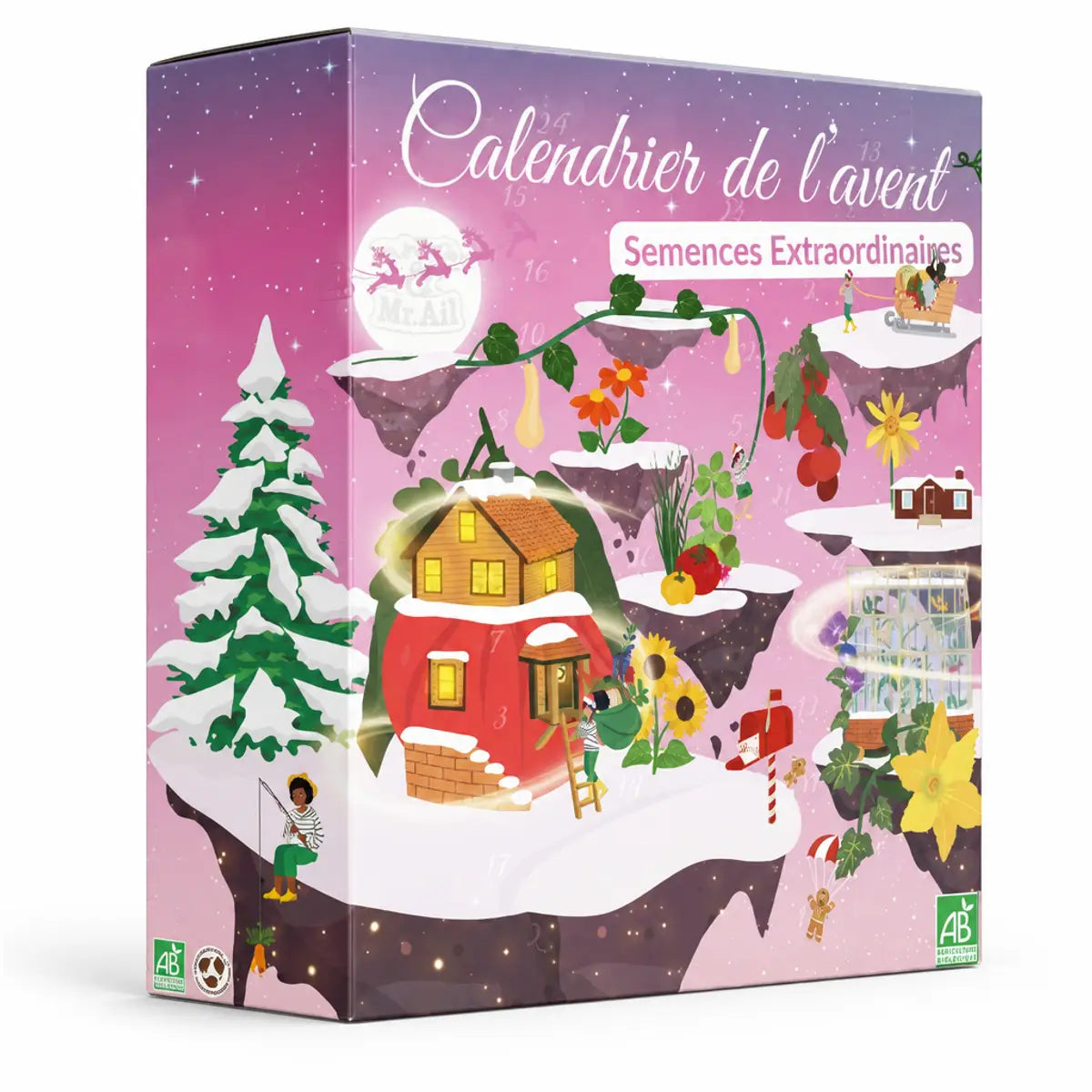 Calendrier de l'Avent potager bio 24 sachets de graines, boîte carton rose et lavande avec illustration d'hiver, logo AB