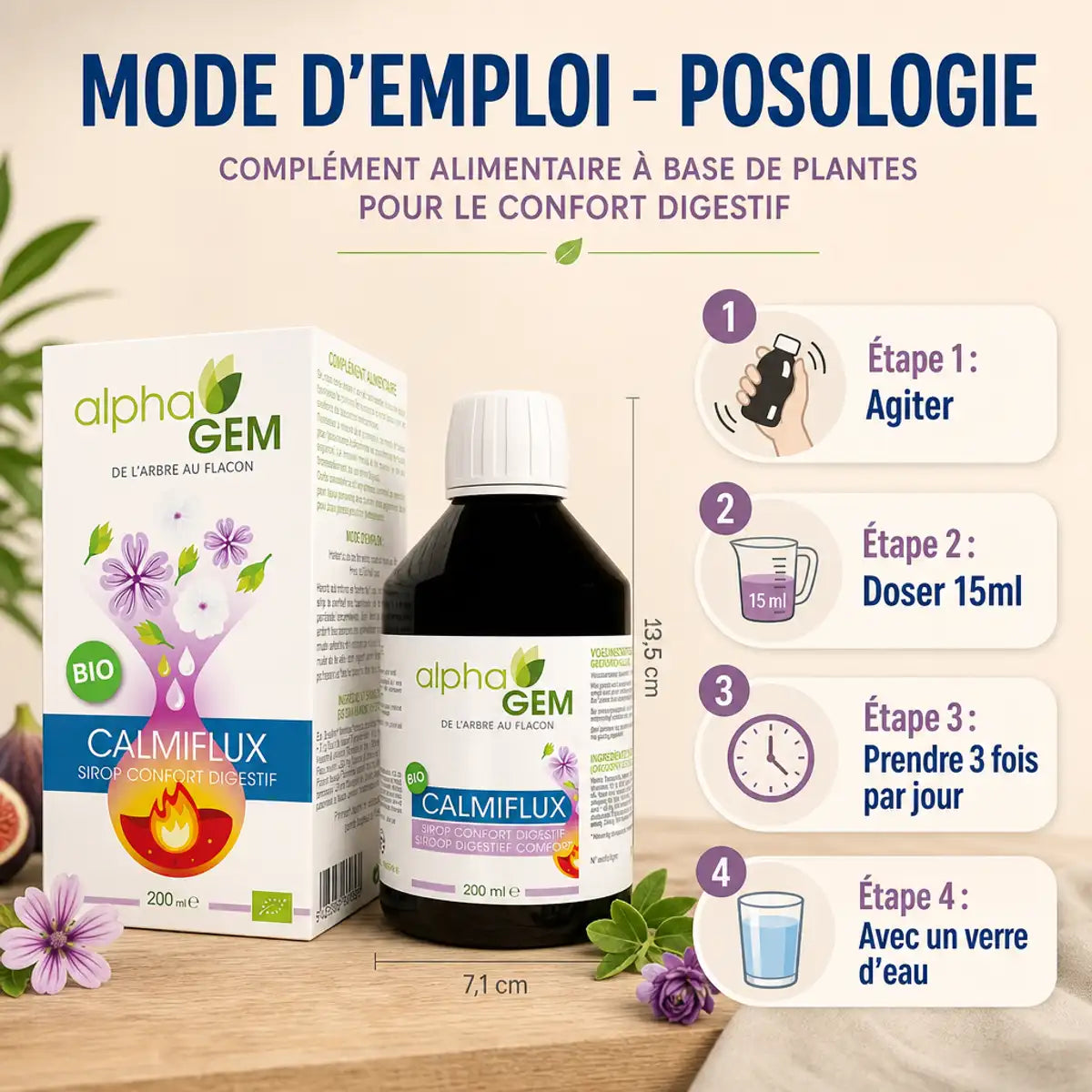 Calmiflux bio 200ml Alphagem - Guide posologie agiter doser 15ml 3 fois par jour