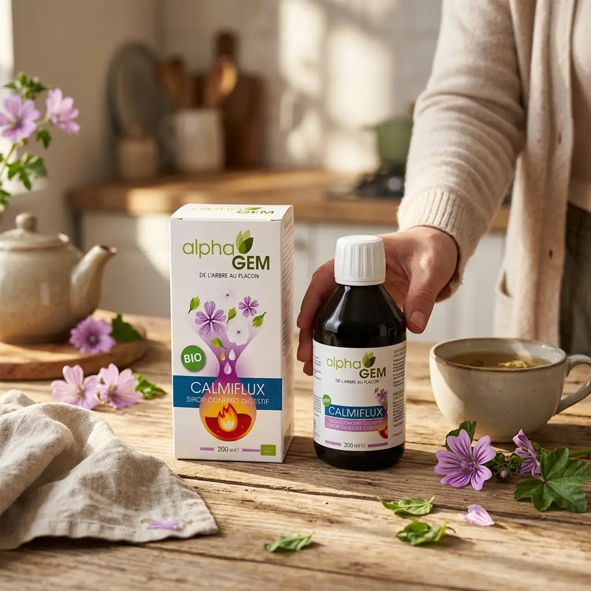 Calmiflux Bio Alphagem en flacon verre 200 ml sur table de cuisine, à côté d'une tisane et de fleurs de mauve