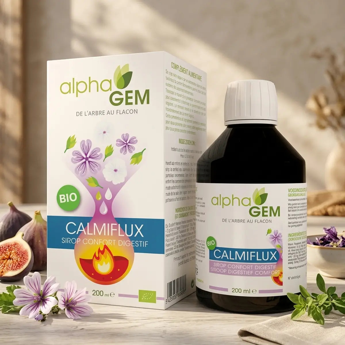 Calmiflux Bio Alphagem 200ml avec ingrédients bio, figuier et mauve pour confort digestif naturel