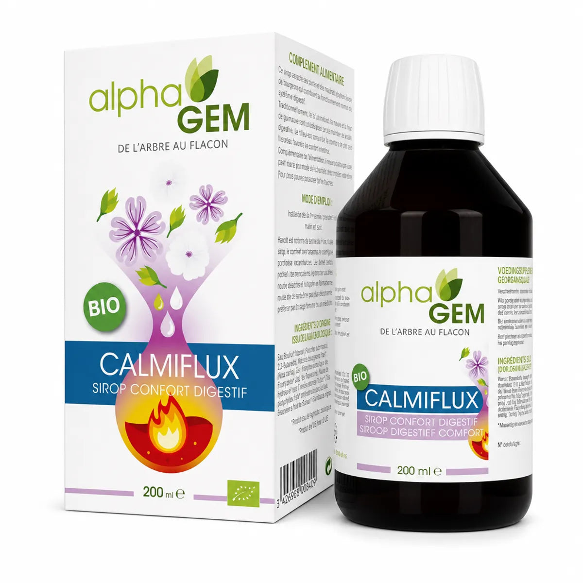 Calmiflux Bio 200ml sirop confort digestif Alphagem bouteille verre bouchon blanc