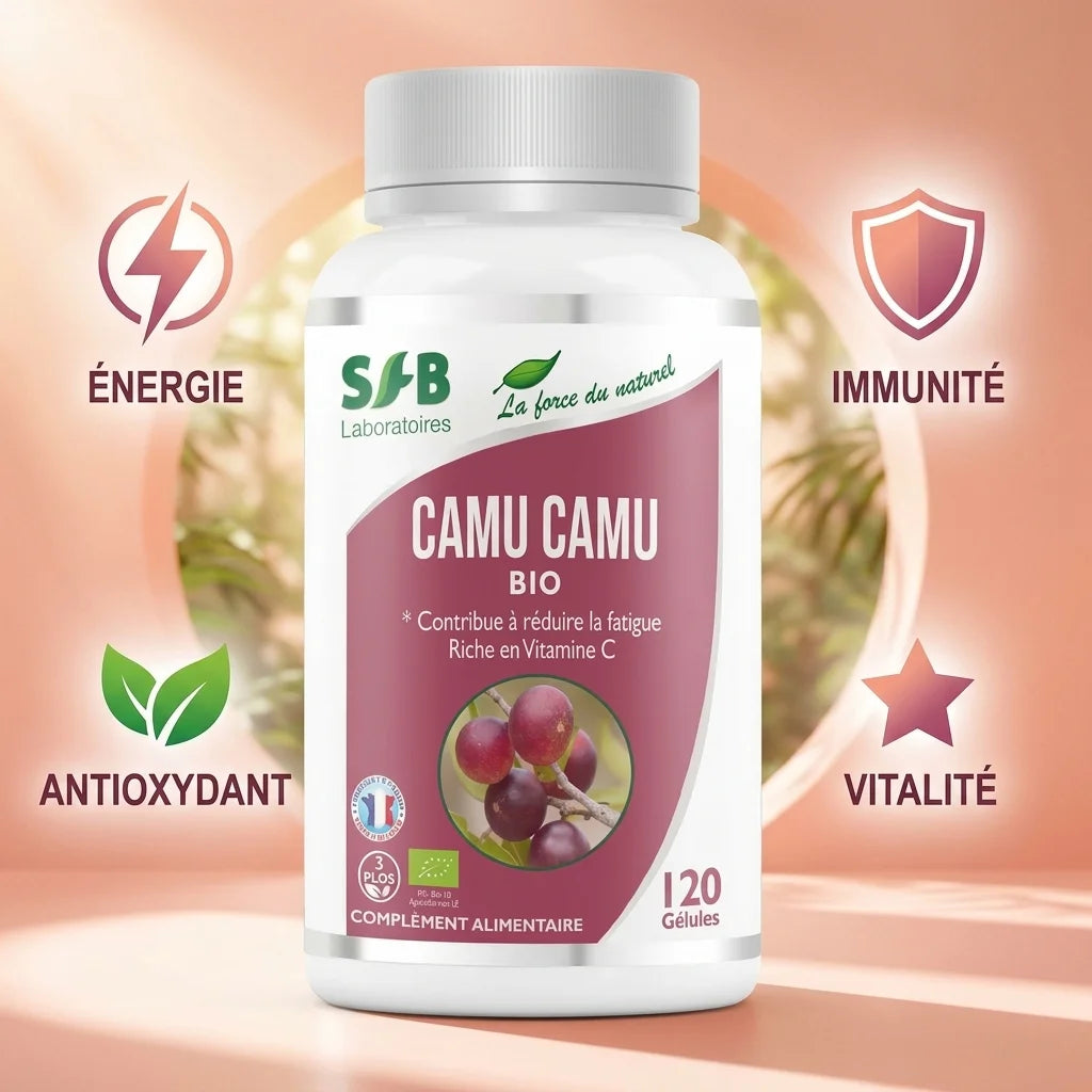 Camu-camu bio 120 gélules SFB avec icônes énergie, immunité, antioxydant et vitalité
