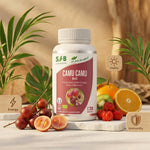 Flacon Camu-camu bio SFB 120 gélules avec fruits frais et feuilles vertes sur fond blanc