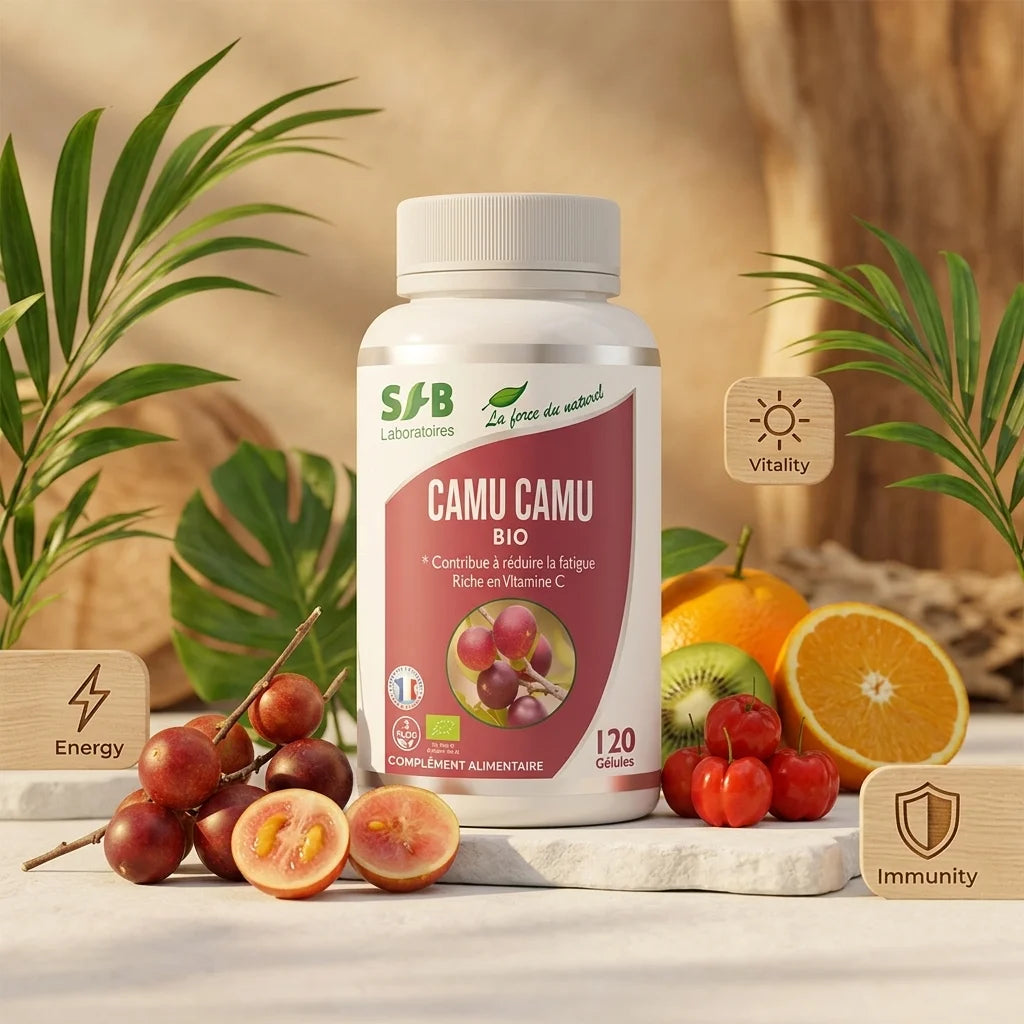 Flacon Camu-camu bio SFB 120 gélules avec fruits frais et feuilles vertes sur fond blanc