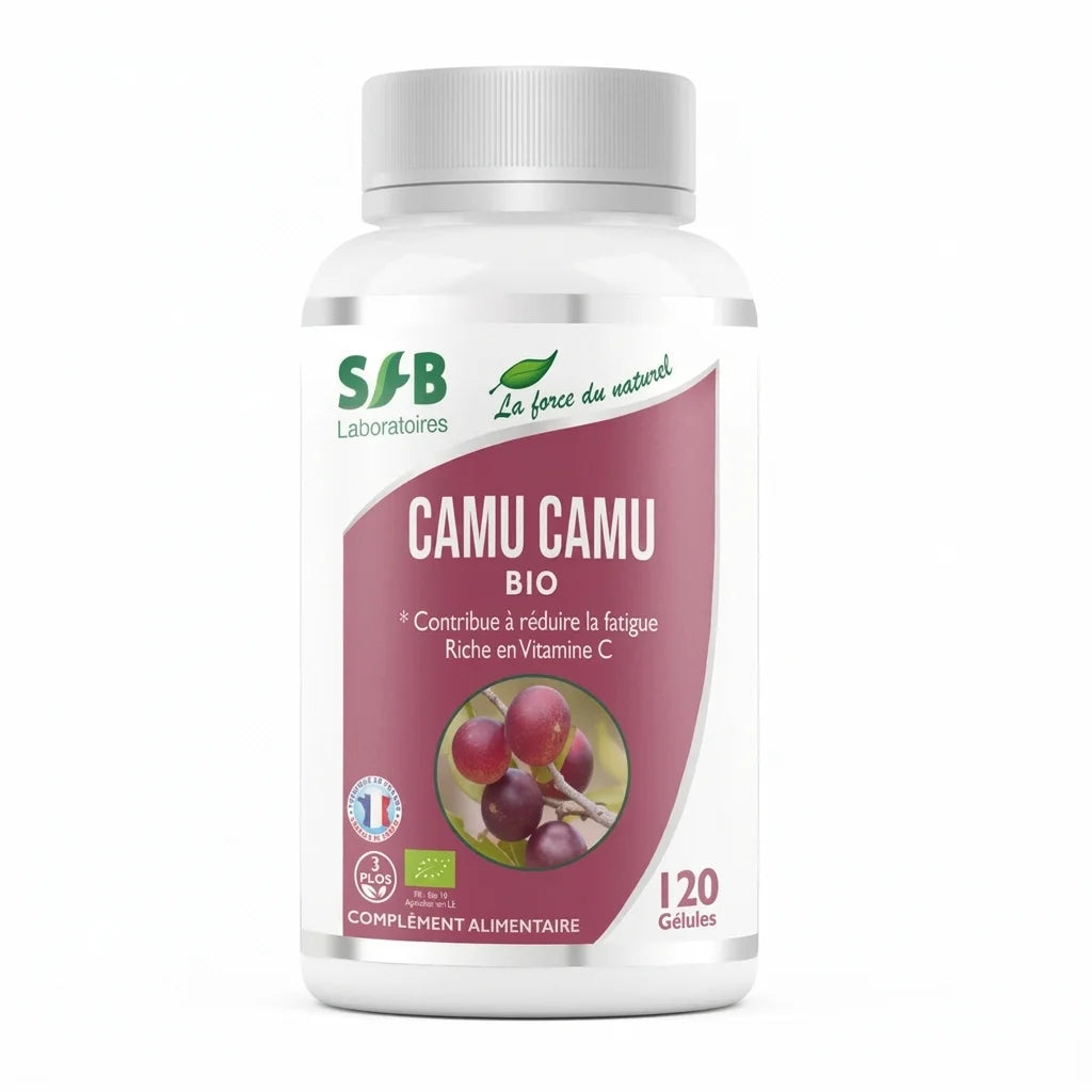 Flacon Camu-camu bio 120 gélules SFB Laboratoires avec étiquette bordeaux sur fond blanc