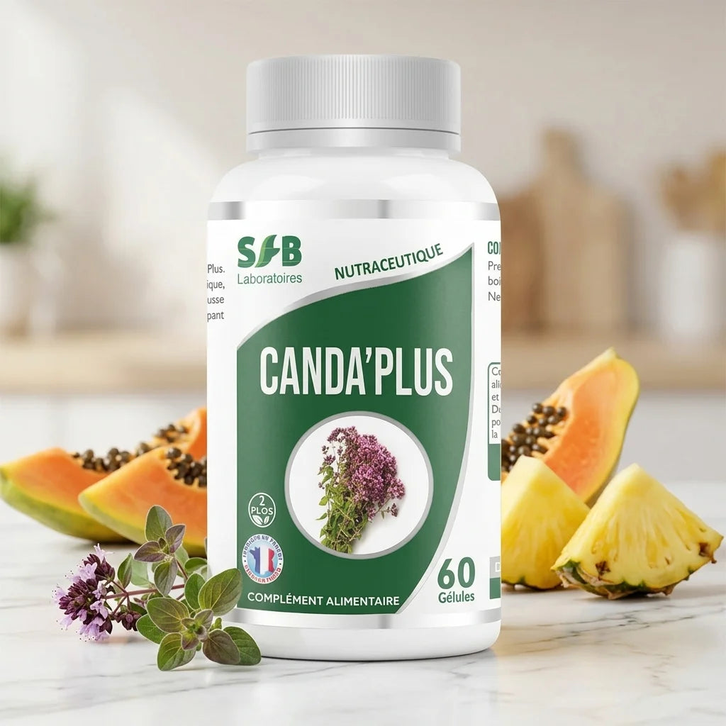 Canda'Plus 60 gélules complément digestif avec fruits tropicaux et herbes naturelles sur marbre blanc