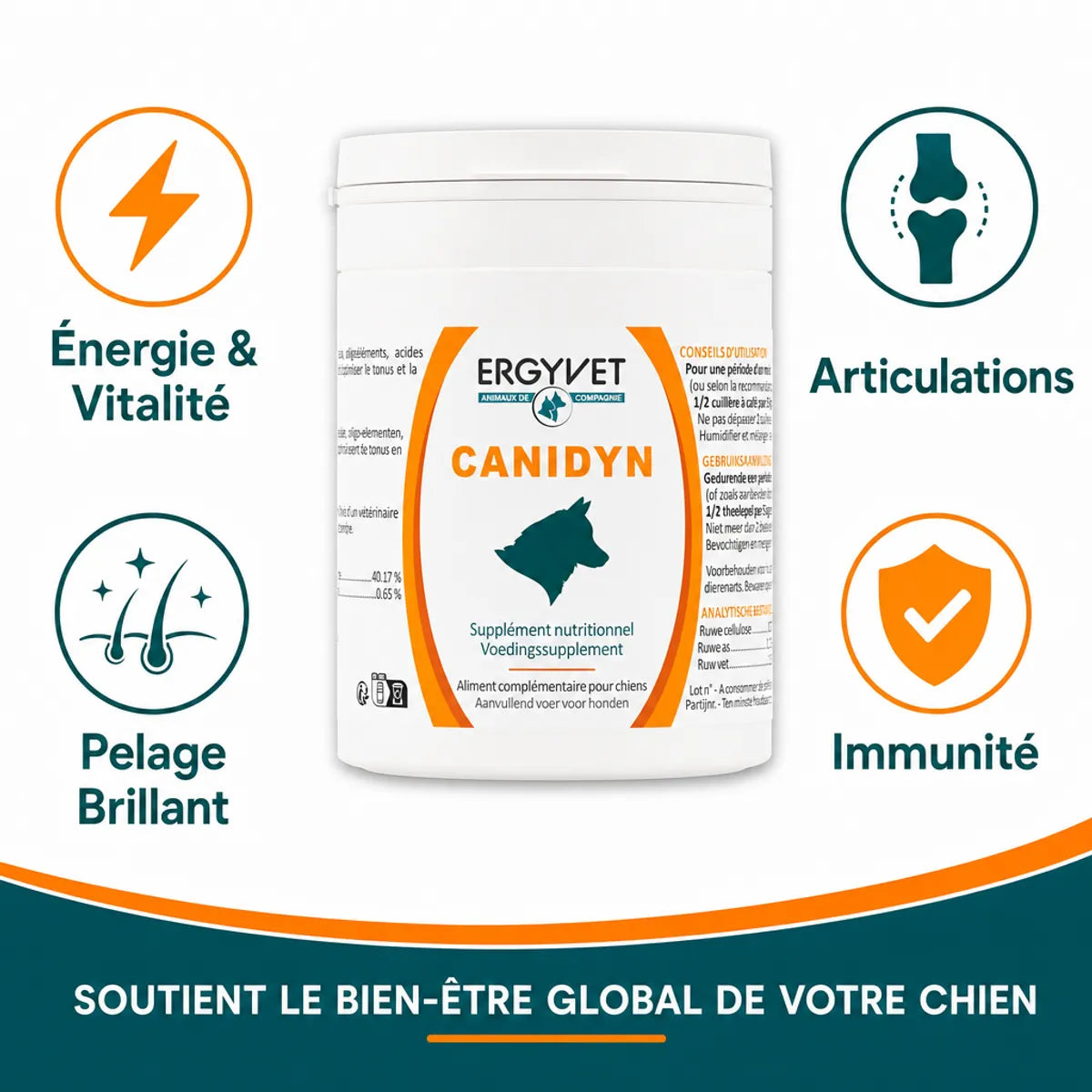 Canidyn supplément nutritionnel chien 110g Ergyvet avec bénéfices : énergie, articulations, pelage, immunité