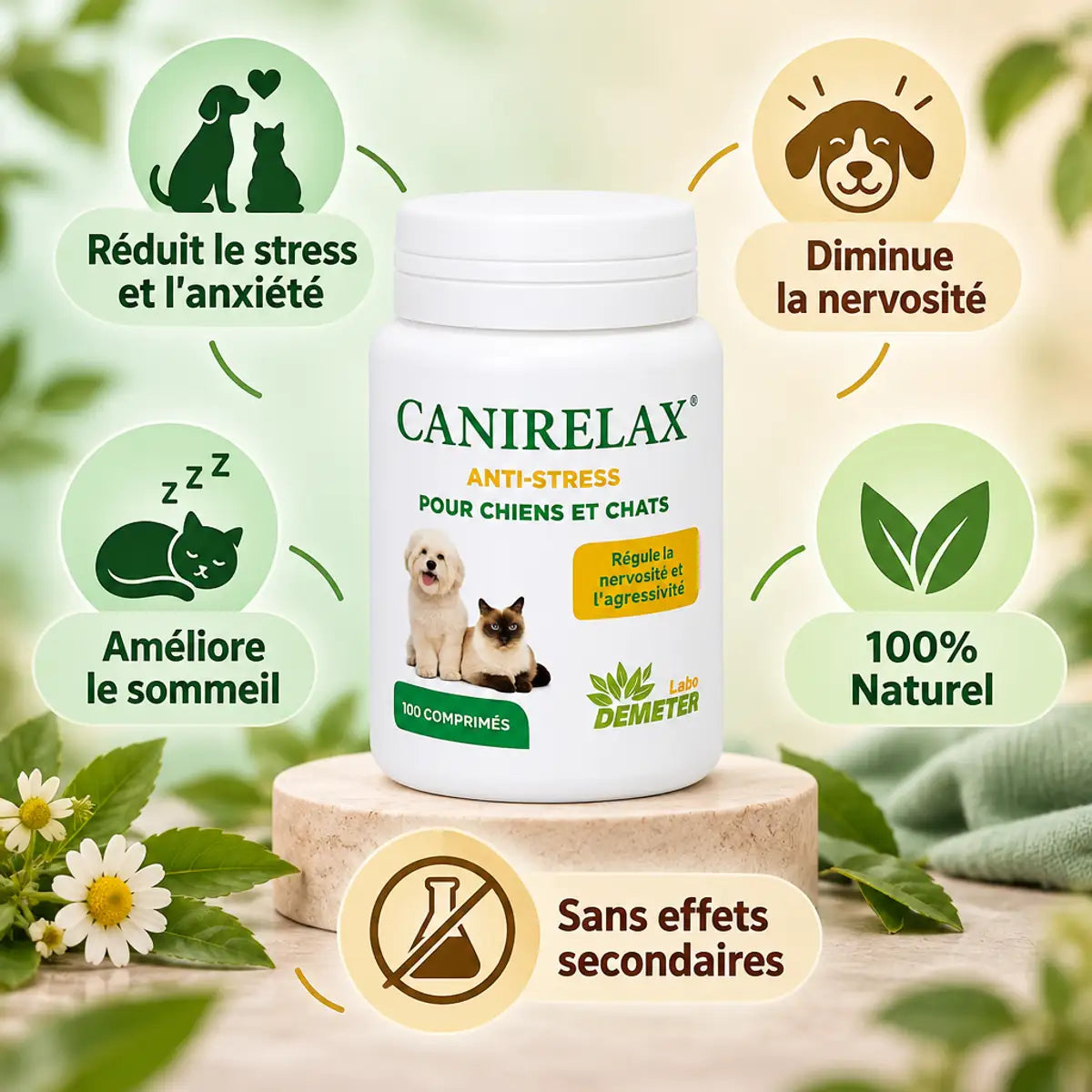 Canirelax flacon anti-stress naturel pour chats et chiens avec bénéfices: réduit stress, améliore sommeil, sans effets secondaires