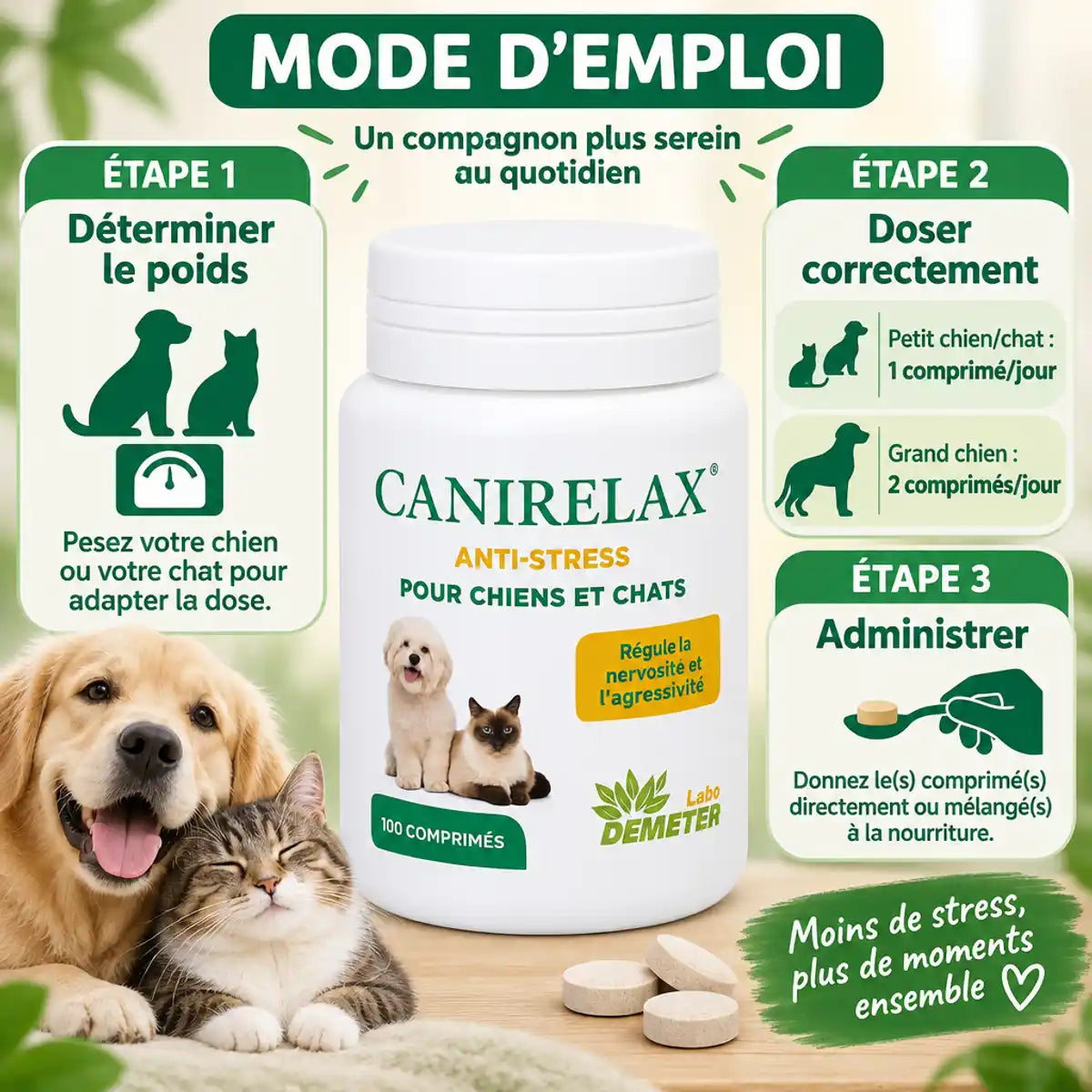 Canirelax complément anti-stress naturel chien chat avec mode d'emploi dosage Labo Demeter