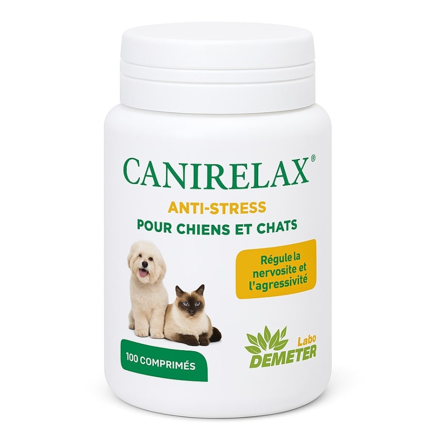 Une boite de 100 comprimés de Canirelax, un anti-stress pour chiens et chats, de Labo Demeter