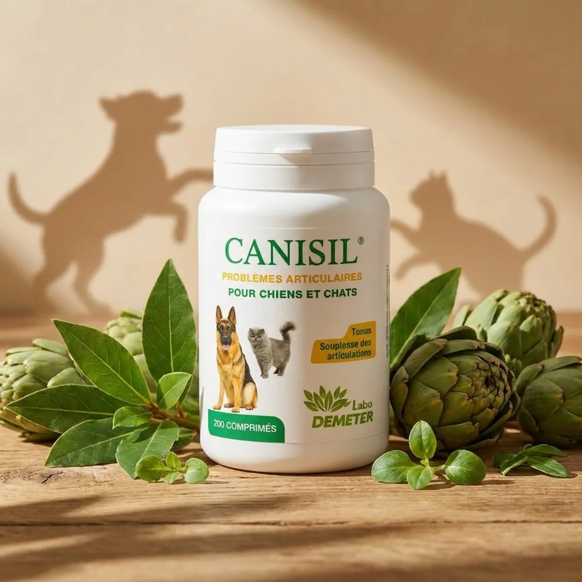 Canisil 200 comprimés anti-inflammatoire pour chien et chat sur surface bois avec botaniques