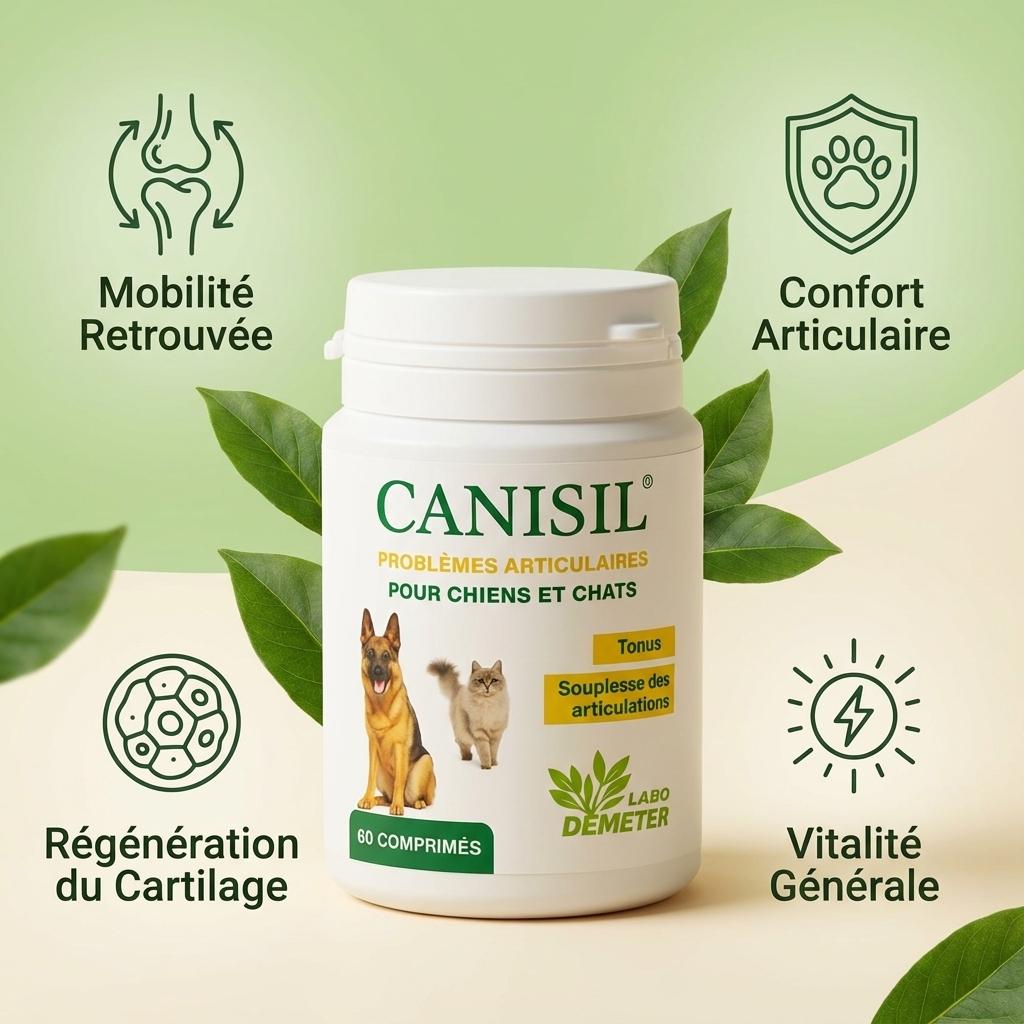 Canisil 60 comprimés anti-inflammatoire arthrose chien chat avec icônes mobilité confort cartilage vitalité